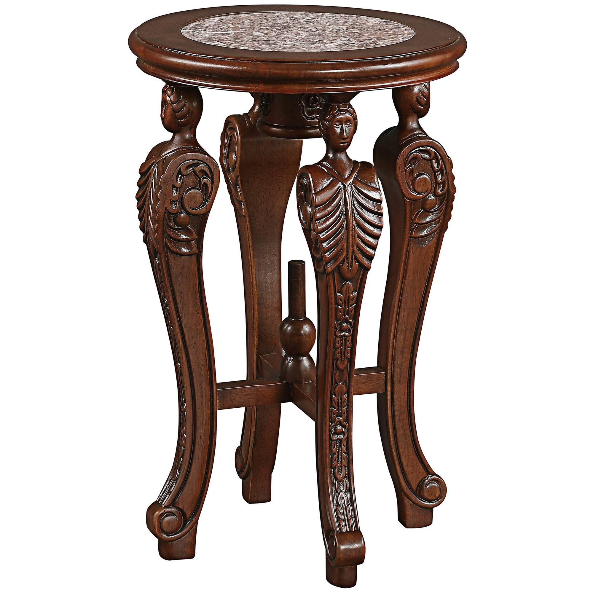 24" Four Caryatids Marble-Topped Hardwood Pedestal Table